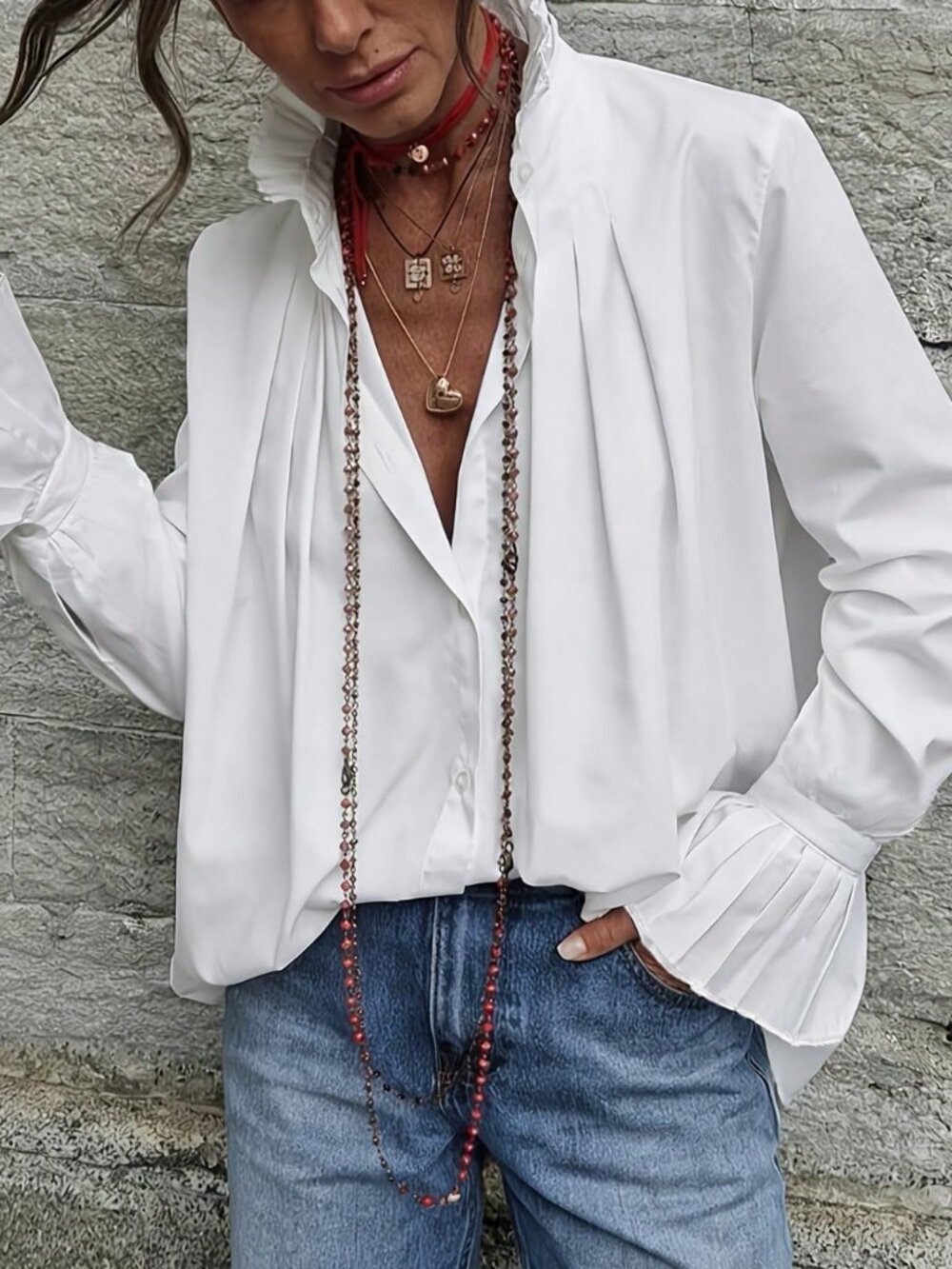 White Casual Women's Stand Collar Flared Button Loose Pleated Plain Top